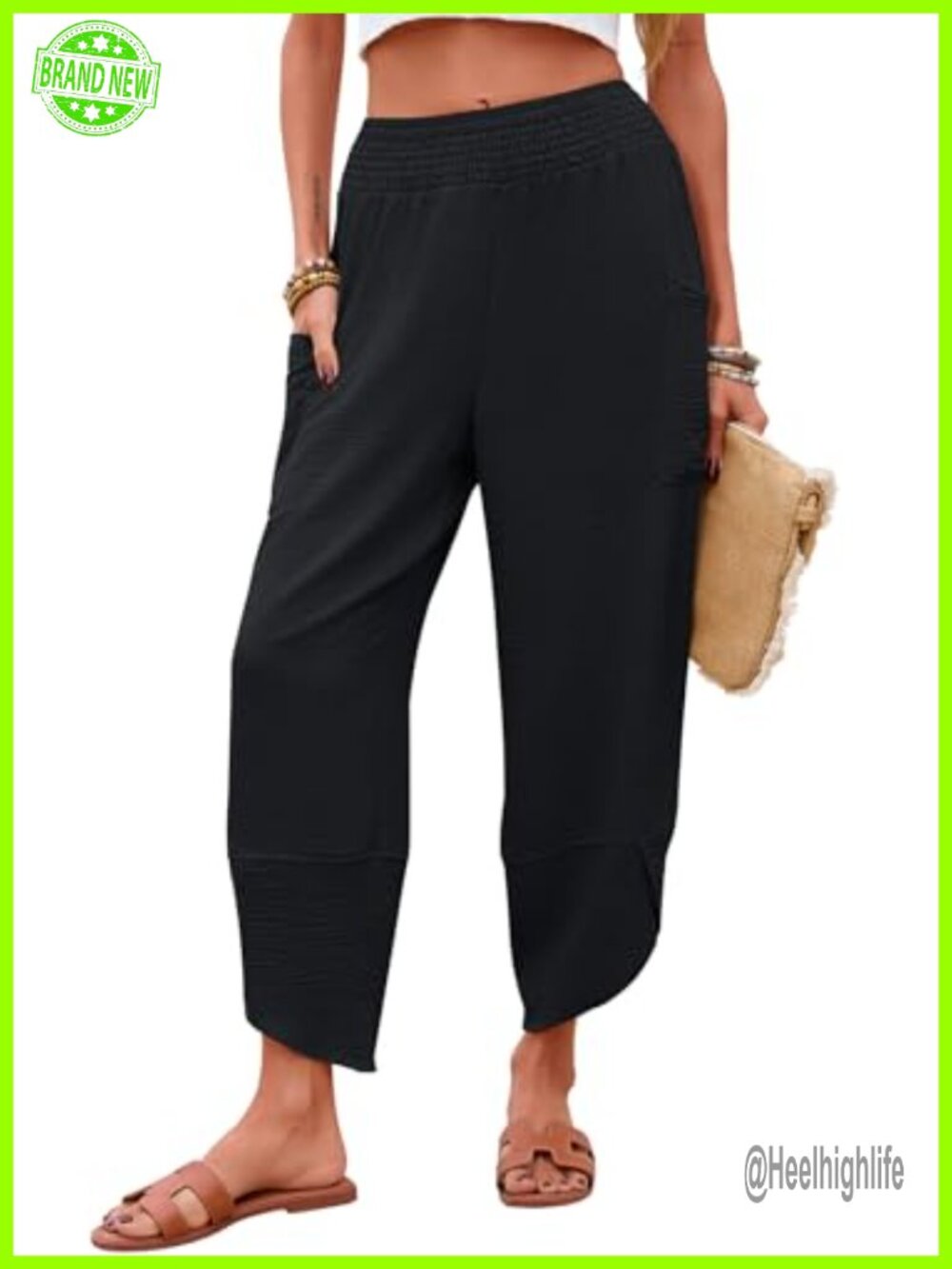 Womens Palazzo Capri Pants Smocked Waist Cropped Wide Leg Harem Pockets